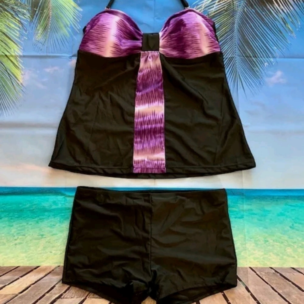 Purple & Black Tankini Set with Boyshorts